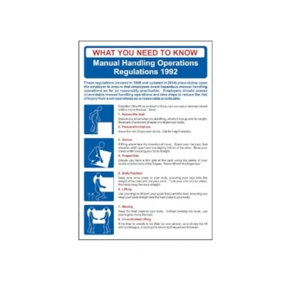 Image of Spectrum Industrial 13365 Manual Handling Operations 1992 Safety Sign, Non Adhesive Rigid 1mm PVC Board, W400mm x H600mm, Multi Colour, 400 600 mm