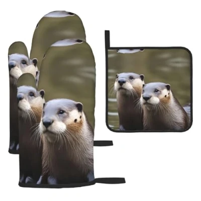 Image of Otters Oven Mitts and Potholders BBQ Gloves Holders for Cooking Baking (3 Piece Set)