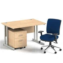 Image of Impulse 1200 Desk Maple/Silver Cantilever 2 Dr Mobile Ped Blue Chair