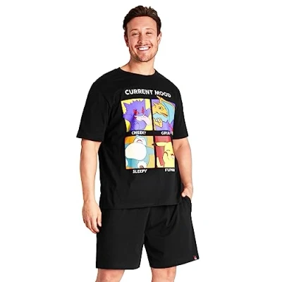 Image of Pokemon Mens Pyjamas Set Summer Nightwear Shorts T Shirt for Men Teenagers Pikachu PJs 100% Cotton Lounge Wear Soft Breathable Gifts (2XL, Black)