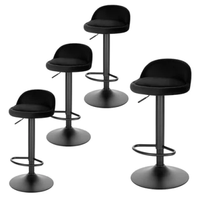 Image of Lestarain Bar Stools Set of 4 Adjustable &amp; Swivel Breakfast Kitchen Counter Pub Black Soft Velvet Barstools Chairs Dining with Backs Footrest
