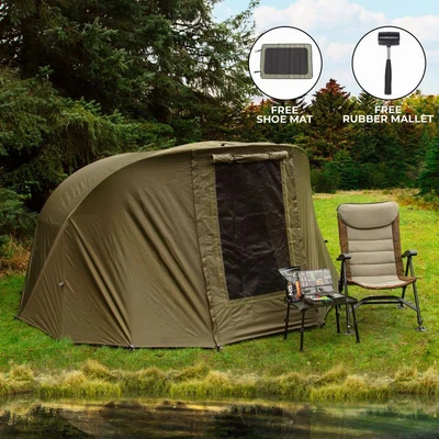 Image of 2 Man Fishing Bivvy Tent Carp Green Dome Overnight Shelter Angler Camping Waterproof Tackle Brolly System PVC Window FREE Shoe Mat Carry Bag Pegs &amp; Mallet Included (Bivvy Overwrap)