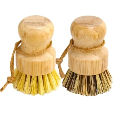 Image of Aisuly Bamboo Dish Brush Set, 2 Pcs Palm Wooden Scrubber Brush, Brushes, Durable Wood Dishes Scrub Natural Round Vegetable Cleaning Pots Pans Sink Washing Kitchen