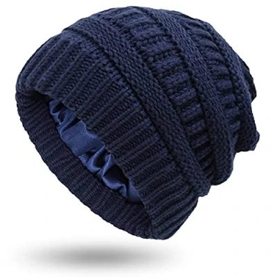 Image of XRDSS Women Warm Winter Hats Unisex Satin Lined Slouchy Cable Knitted Beanie Hat (Navy)