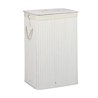 Image of Relaxdays Bamboo Square Hamper 65 cm Tall Folding Basket Laundry Bin 83L Rectangular Storage, White, 33.5 x 43.5 65.5