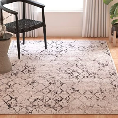 Image of SAFAVIEH Modern Trellis Distressed Rug for Living Room, Dining Bedroom Amelia Collection, Short Pile, in Grey and Light Grey, 91 X 152 cm
