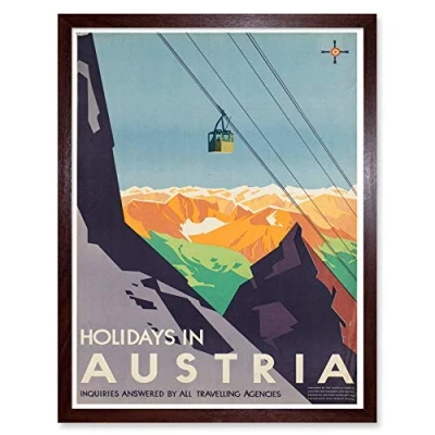Image of Wee Blue Coo Austria Travel Ski Lift Alpine Art Print Framed Poster Wall Decor 12x16 inch
