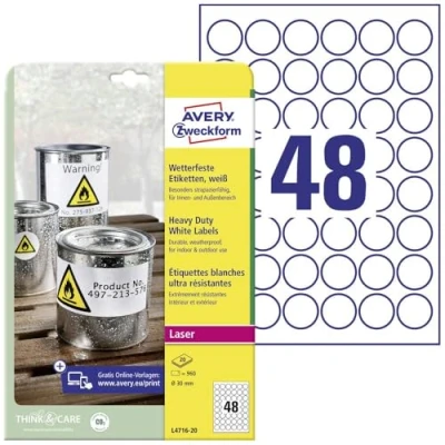 Image of AVERY Zweckform L4716 20 Weatherproof Film Labels (960 Adhesive Labels, Diameter 30 mm on A4, Extremely Strong Self Adhesive, Waterproof, Durable, Printable Outdoor Film), Sheets, White
