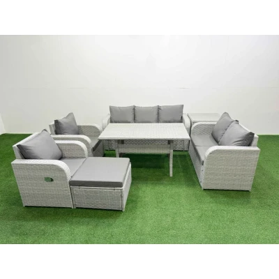 Image of Pe Rattan Garden Furniture Set Reclining Chair Sofa Double Love Seat 2 Seater Lounge Rectangular Dining Table Big Footstool Side Light