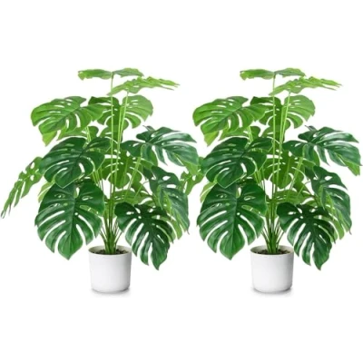 Image of Sour Lemon 28&quot; 2 Pack Fake Plants Large Tropical Palm Tree Artificial Monstera Faux Plant in Pot for Indoor Outdoor Home Office Garden Decoration