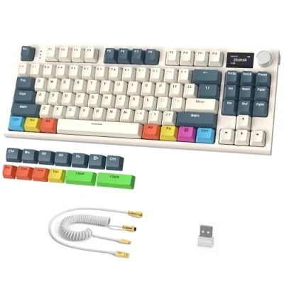Image of RK86 Mechanical Keyboard, 2.4G Wireless/BT5.0/USB C Wired Gaming Keyboard 75% Layout TKL 87 Key with 1.2&#039;&#039; TFT HD Color Display &amp; CNC Knob, 27 RGB Backlit TTC Hot Swap Linear Switch PBT Keycap Green