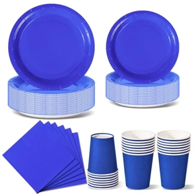 Image of Nkaiso Royal Blue Party Tableware, 96 Pieces Colorful Supplies Set Solid Color Paper Plates Cups and Napkins for Birthday