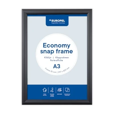 Image of Europel Economy Snap frame, A3, color black, aluminum profile 25 x 11 mm, for posters 29.7 42 cm, anti reflective film, display of advertising, menus, hotel, office, restaurant