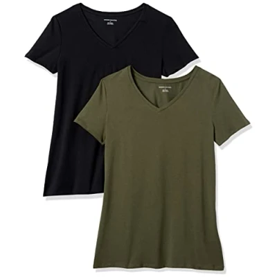 Image of Amazon Essentials Women&#039;s Classic Fit Short Sleeve V Neck T Shirt, Pack of 2, Olive/Black, XL