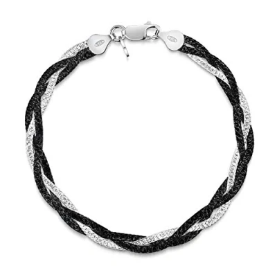 Image of Amberta Women&#039;s 925 Sterling Silver Braided Herringbone Chain Bracelet (Length 7.5 inch): Plated Black