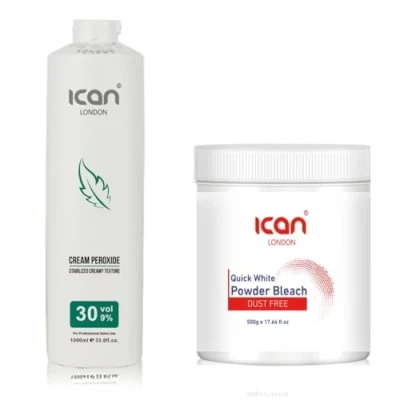Image of ICAN LONDON PROFESSIONAL CREAM PEROXIDE 30 VOL 9% 1000 ML + WHITE POWDER BLEACH (JAR)500 G SET