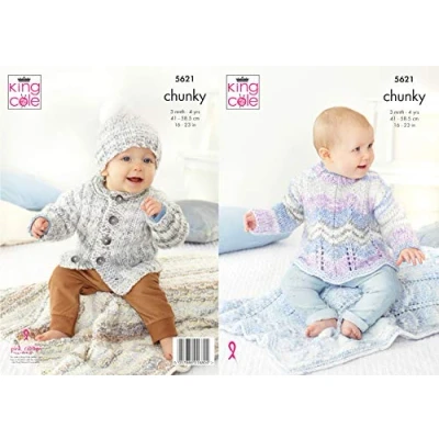 Image of King Cole Chunky Knitting Pattern Baby Sweater Jacket Hat &amp; Blankets (5621)