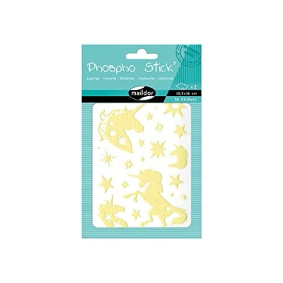 Image of Maildor Ref AE079O Phospho Stick&#039; Stickers (Pack of 2 Sheets) 10.5 x 16cm Fantasy Unicorn Designs 64 Total, Glow in the Dark