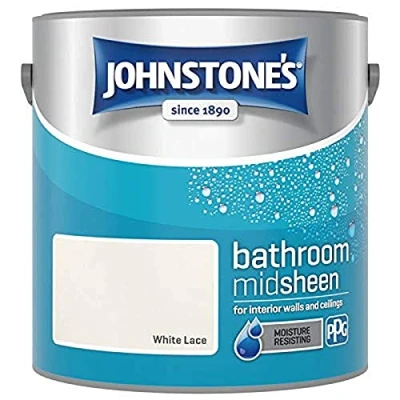 Image of Johnstone&#039;s Bathroom Paint White Lace Mid Sheen Finish Stain Blocker Use in Moist &amp; Damp Areas Low Odour Dry 1 2 Hours 12m2 Coverage per Litre 2.5L