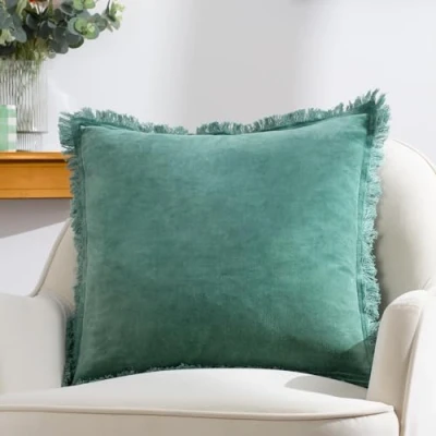 Image of furn. Gracie Velvet Fringed Filled Cushion Teal Cotton Size 45 cm x