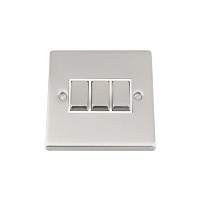 Image of Light Switch Triple 3 Gang Satin Matt Chrome Square White Insert Metal Rocker 10 Amp 2 Way