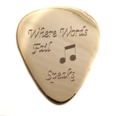 Image of Personalised 1mm &quot;Where Words Fail Music Speaks&quot; Guitar Plectrum Pick (Brass) Enter Your Own Custom Text