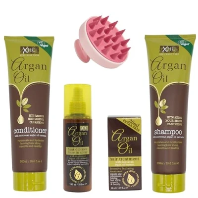 Image of Argan Oil Shampoo and Conditioner (300ml) with Heat Protection (150ml) Hair Treatment (50ml) Bundled Glameno Scalp Massager