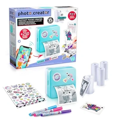 Image of Canal Toys Photo Creator Instant Pocket printer, Blue, Mini AI app, 3 Rolls, Sticky roll, Pens, Stickers