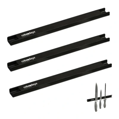 Image of Relaxdays Magnetic Rack, 3X Set, Each 30 cm Long, Steel, Knife Holder for Tools, Garage Storage, Screw on to Wall, Black, 2.5 x 1.5
