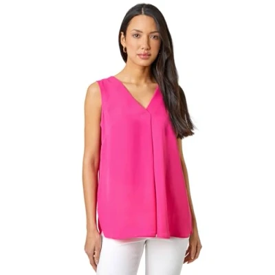 Image of Roman Originals Women Pleated Vest Tank Top Ladies Sleeveless Blouse Shirt Tunic Summer Autumn Everyday Holiday V Neck Work Office Cocktail Party Special Occassion Going Out Fuchsia Size 8