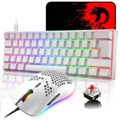 Image of UK Layout 60% Mechanical Keyboard 62 Keys Wired Type C 14 Chroma RGB Backlit Gaming + 6400DPI Ultra Light Honeycomb Mouse Large Pad, Compatible With PS4,Xbox,PC White/Red Switch