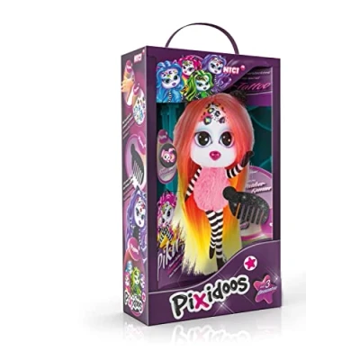 Image of NICI 47507 Pixidoos Piku 20 cm, Giftbox incl. Tattoo Set for Kids, Comb &amp; Friendship Bracelet Dolls with Colourful Hair Cuddly Toys to Cuddle, Play, Style Collect, Pink/Black
