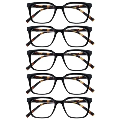 Image of OPULIZE KOI Reading Glasses 5 Pack Large Rectangular Frame Black Mens Womens Spring Hinges RRRRR50 1 +3.00
