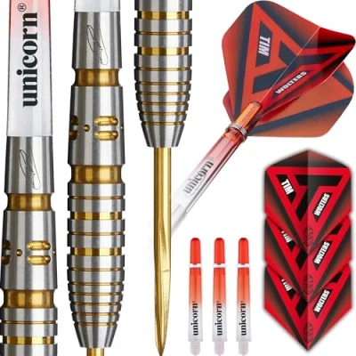 Image of Unicorn Darts Set Contender Tim Wolters 90% Tungsten Barrels with Intricately Machined Gold Accents Durable Stunning Ultrafly Flights Steel Tip Volute Points 24 g