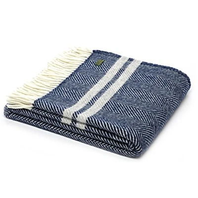 Image of Tweedmill Textiles Herringbone 2 stripe pure new wool blanket throw Navy Blue/Silver Grey British Made
