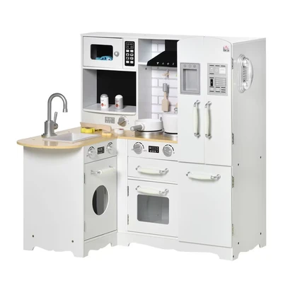 Image of HOMCOM Toy Kitchen, Kids Kitchen with Realistic Refrigerator, Microwave, Oven, Range Hood, Sink, Telephone, Sounds, Storage Space, for 3 6 Years Old, White
