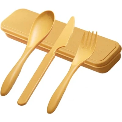 Image of Travel Cutlery Set with Case, Reusable Set, Plastic Knife Fork Spoon Portable Camping for Picnic Office School Lunch (Yellow)