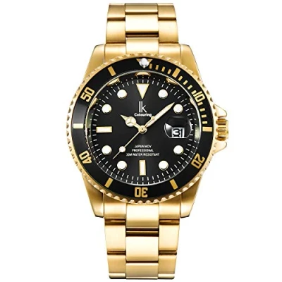 Image of Alienwork Watch Men Women Gold Stainless Steel Metal Strap Calendar Date Black Elegant