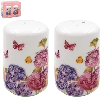 Image of LESSER &amp; PAVEY Ceramic Salt Pepper Shakers Seasoning Pots Containers Butterfly Blossom Floral