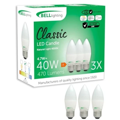 Image of Bell Lighting E27 Edison Screw Dimmable Light Bulb LED Candle 3 Pack Cool White 4000K 470 Lumen 4.7W Energy Saving 40W Halogen Lamp Equivalent