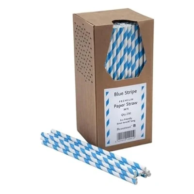 Image of Blue &amp; White Stripped Bore Paper Straw 8 Inch 6mm (Pack 250)