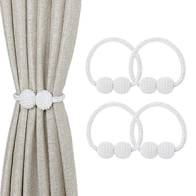 Image of Magnetic Curtain Tie Backs, 4PCS Clips Rope Holder Buckles Small Bead Buckle Holders for Home Office Hotel Window Decoration (White)