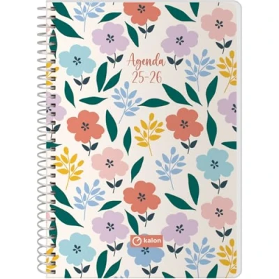 Image of Q Kalon School Planner 2025 2026 Week to View, A5 Size (15x21 cm), Spanish and English, September June, Spiral Binding, Flexible Cover with Protective Plastic Garden