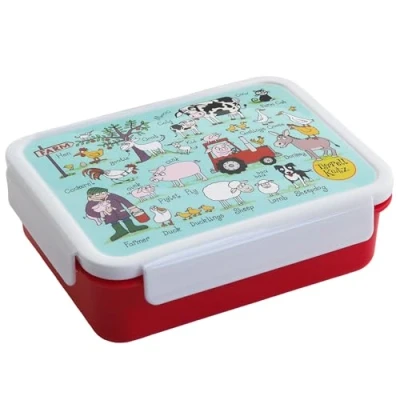 Image of Tyrrell Katz Kids Farm Printed Large Bento Lunch Box in Blue Children&#039;s Food Container with Clip Lock Lid and 3 Inner Dividers 18.5 x 14.5 6.0 cm