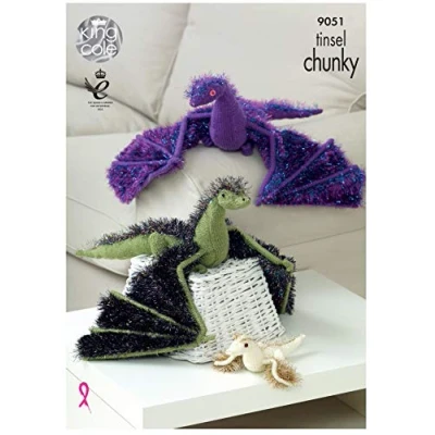 Image of King Cole 9051 Knitting Pattern Toy Dragons in Tinsel Chunky and Pricewise DK