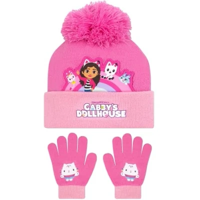 Image of DREAMWORKS Gabbys Dollhouse Girls Hat and Gloves Set Pandy Paws Winter Hats for Kids One Size Pink