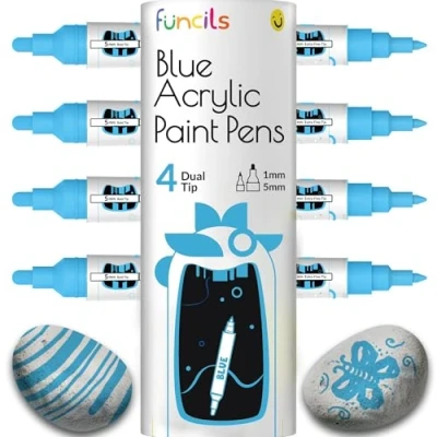 Image of 4 Dual Tip Blue Paint Pen Metallic Fine &amp; Medium Acrylic Markers Marker for Metal, Wood, Rock Painting, Canvas, Ceramic, Glass, Fabric, Leaf and Plastic Water based Ink