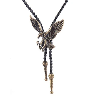 Image of LIANCHI Western Black Bolo Tie for Men and Women Feather Hat Pendant,Native American Leather String (Eagle Bronze)
