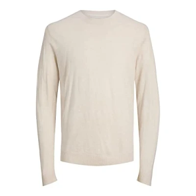 Image of JACK &amp; JONES Men&#039;s Jprigor Linen Knit Crew Neck Jumper, Oatmeal/Detail: Melange, XL