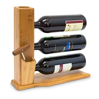Image of Relaxdays Wine Stand For 3 Bottles: 32 x 12 34 cm Shelf Free Standing Bamboo Bottle Rack With Cork And Opener Holder Stand, natural
